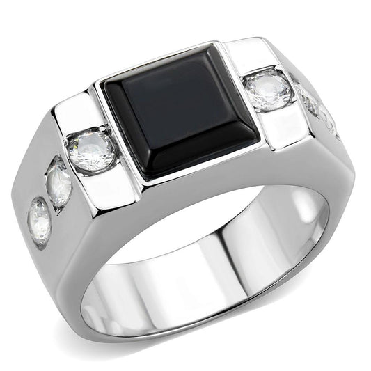 TK3615 - High polished (no plating) Stainless Steel Ring with Synthetic Onyx in Jet Alamode