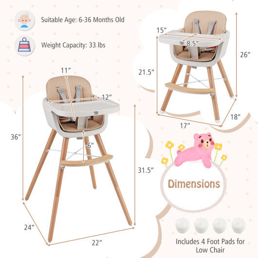 Babyjoy 6-in-1 Convertible Wooden Highchair with Safety Harness and Adjustable Legs-Light Brown W2B