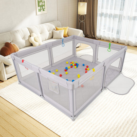 Costway Large Baby Playpen with Pull Rings and Ocean Balls-Gray W2B