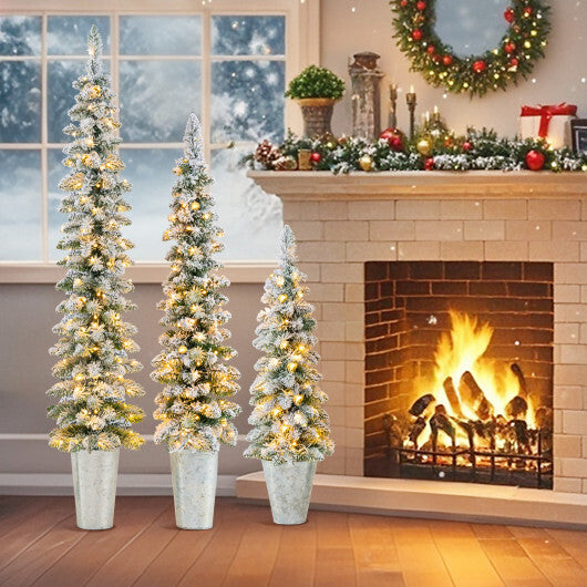 Costway Set of 3 Pre-Lit Snow Flocked Artificial Christmas Trees Decoration 3 4 5 FT W2B