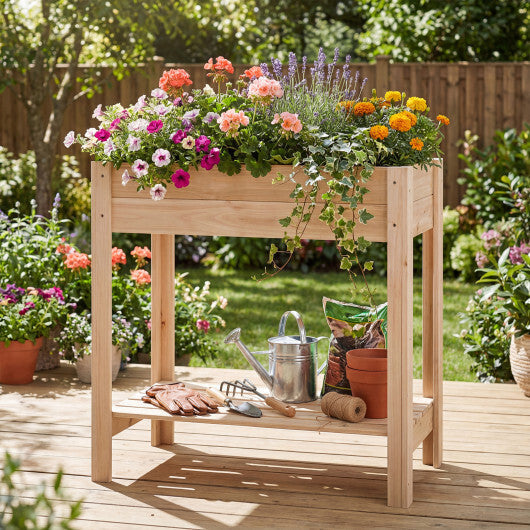 Costway Wooden Raised Garden Bed with Legs Storage Shelf Liner Drainage for Backyard W2B
