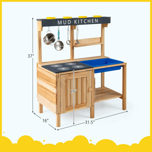 Costway Outdoor Mud Kids Kitchen Playset Wooden Pretend Play Toy with Kitchenware W2B