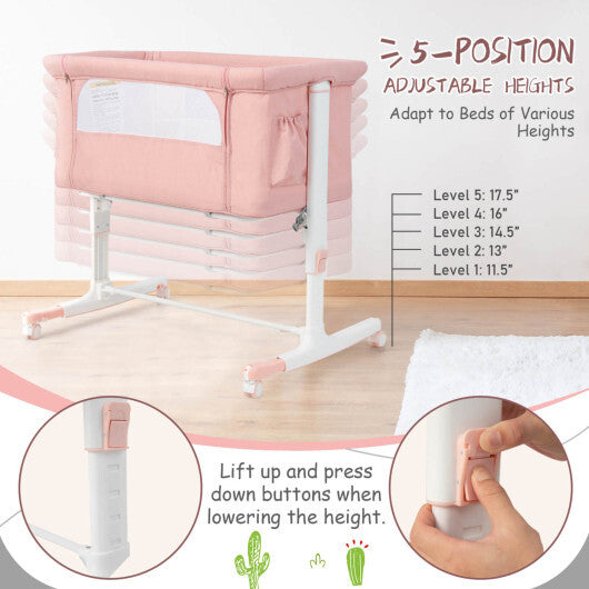 Babyjoy 3-in-1 Baby Bassinet Beside Sleeper Crib with 5-Level Adjustable Heights Pink W2B