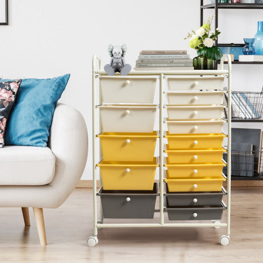 Costway 15-Drawer Storage Rolling Organizer Cart-Yellow W2B