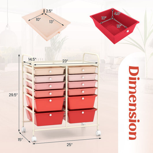 Costway 12-Drawer Rolling Storage Cart with Removable Drawers and Lockable Wheels-Pink W2B