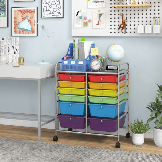 Costway 12 Drawers Rolling Cart Storage Scrapbook Paper Organizer Bins-Transparent Multicolor W2B