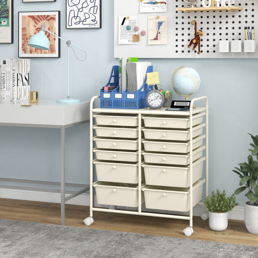 Costway 12-Drawer Rolling Storage Cart with Removable Drawers and Lockable Wheels-Beige W2B
