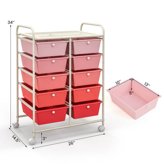 Costway 10-Drawer Rolling Storage Cart-Gradient Pink W2B