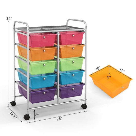 Costway 10-Drawer Rolling Storage Cart-Transparent Multicolor W2B
