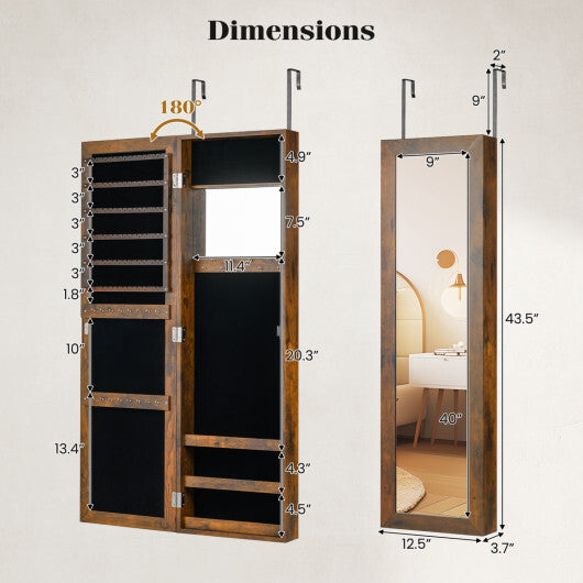 Costway Full Length Mirror Jewelry Cabinet with Ring Slots and Necklace Hooks-Rustic Brown W2B