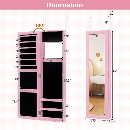 Costway Jewelry Cabinet Wall or Door Mounted Jewelry Armoire Modern Hanging Jewelry Organizer-Pink W2B