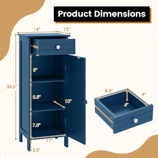 Costway Wooden Storage Free-Standing Floor Cabinet with Drawer and Shelf-Blue W2B