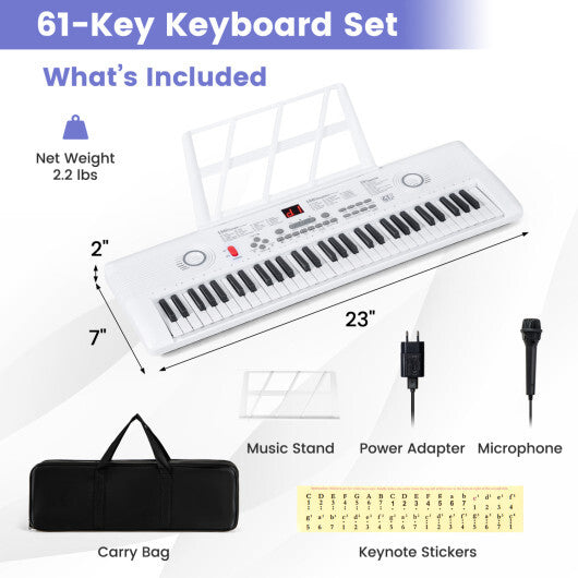 Costway 61 Key Electric Portable Digital Keyboard Piano for Beginner-White W2B