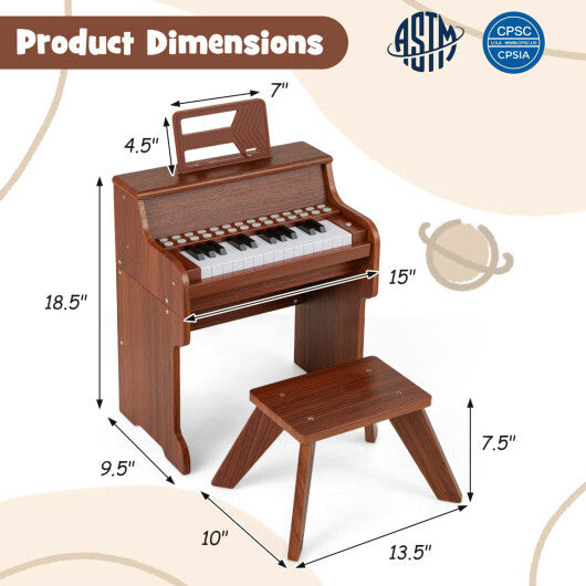 Costway 25 Keys Kids Piano Keyboard with Stool Mini Digital Piano Wooden Toy with Adjustable Speed and Volume-Brown W2B