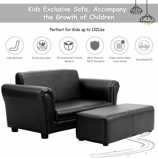 Costway Black/White Kids Double Sofa with Ottoman-Black W2B