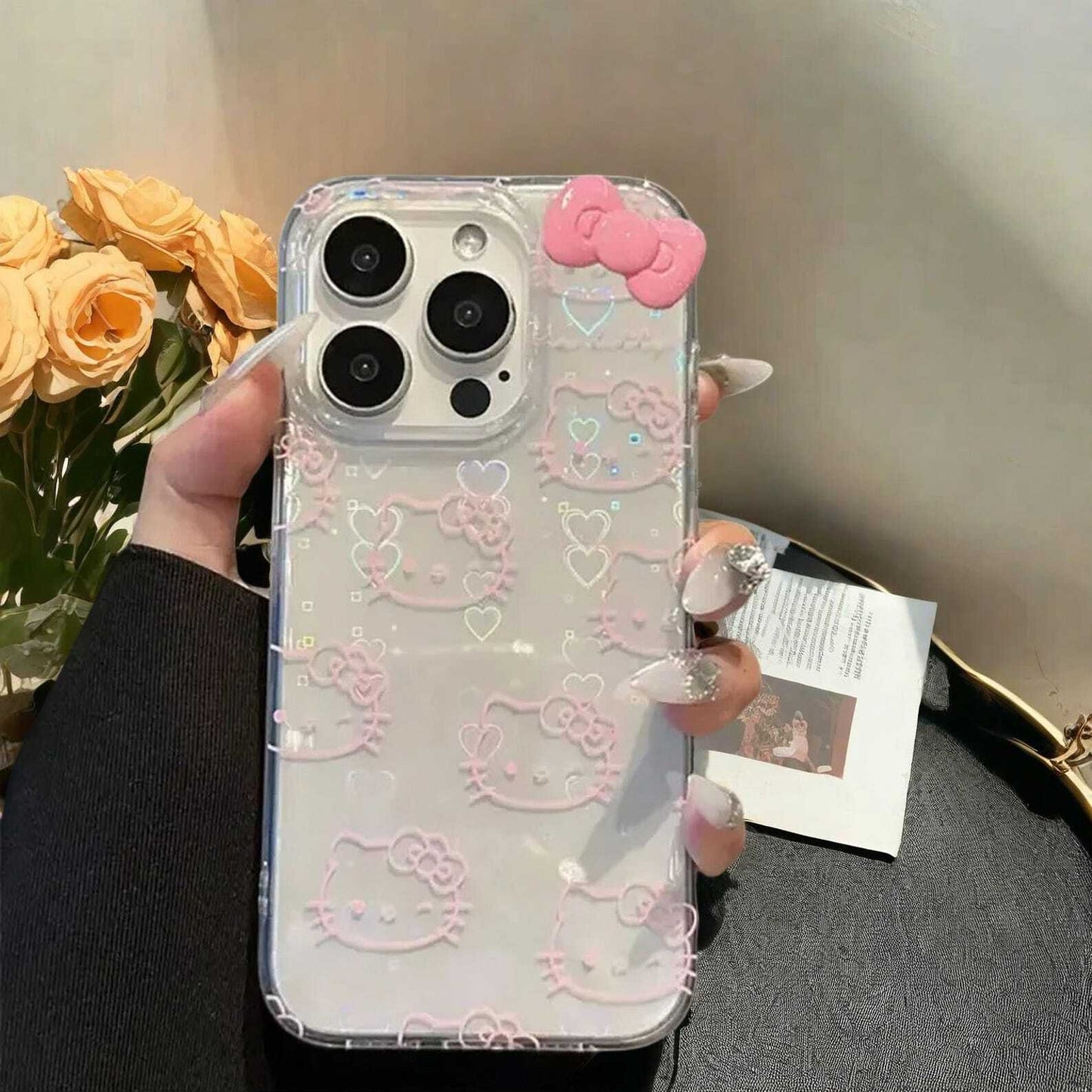 Cute Kitty Bow Kawaii Holder Case for iPhone 16 15 14 13 12 11 Pro Max Plus - Cute Bow Laser Protective Cover with Handy Grip Holder W2B