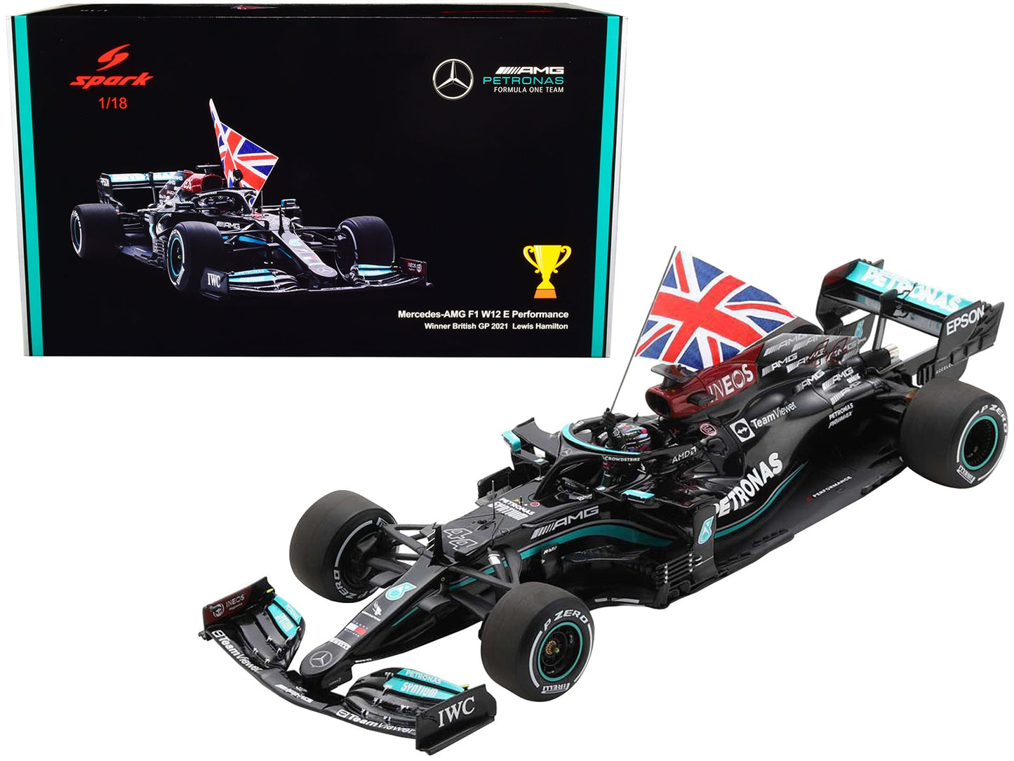 Mercedes-AMG F1 W12 E Performance #44 Lewis Hamilton "Petronas" Winner Formula One F1 British GP (2021) with Driver Figure Holding British Flag 1/18 Model Car by Spark Spark
