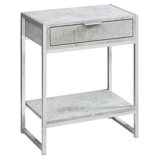 24" Silver And Gray Wood And Metal End Table With Drawer And Shelf
