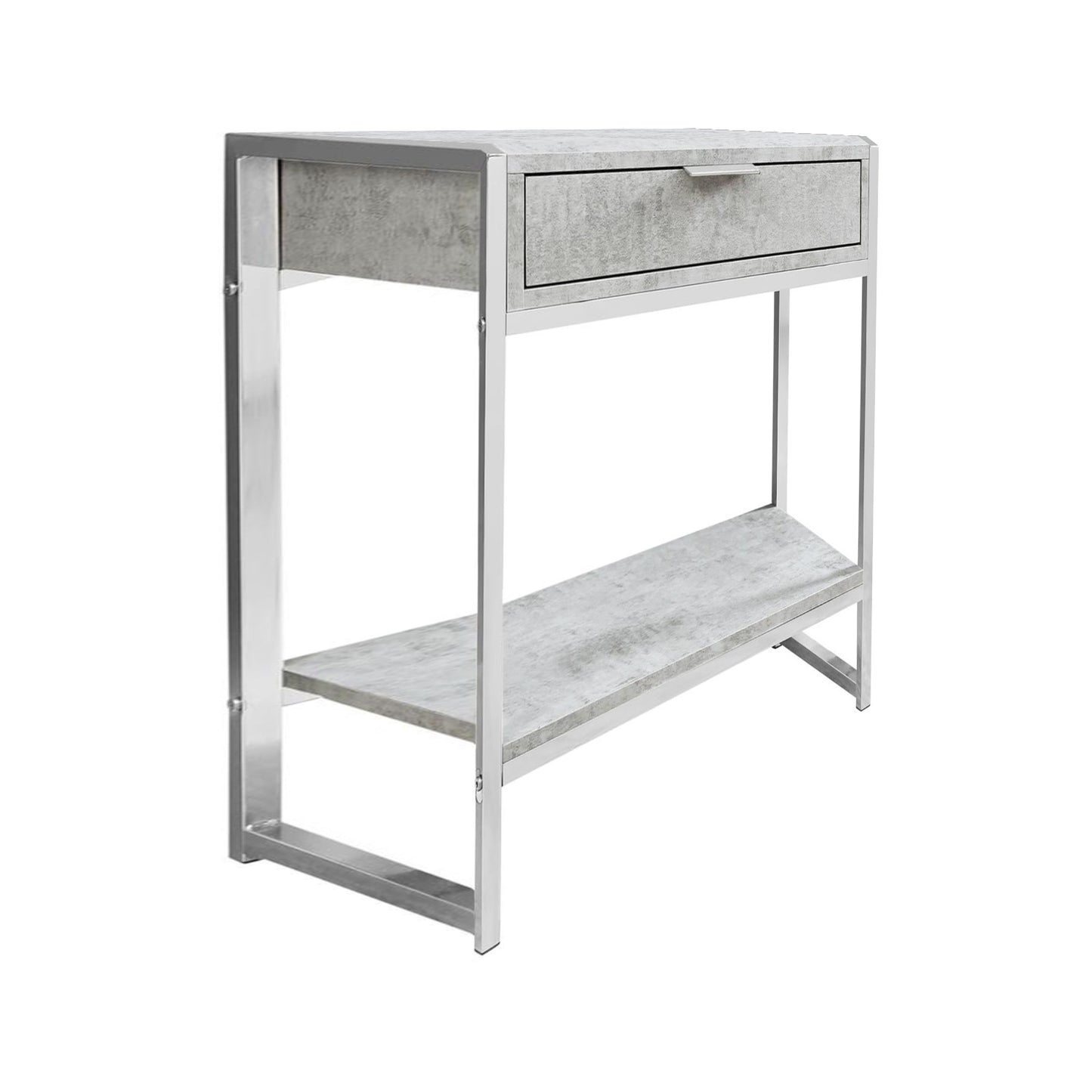 24" Silver And Gray Wood And Metal End Table With Drawer And Shelf