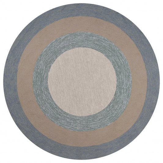 7' Spa Blue Beige Hand Hooked UV Treated Bordered Round Indoor Outdoor Area Rug homeroots outdoors