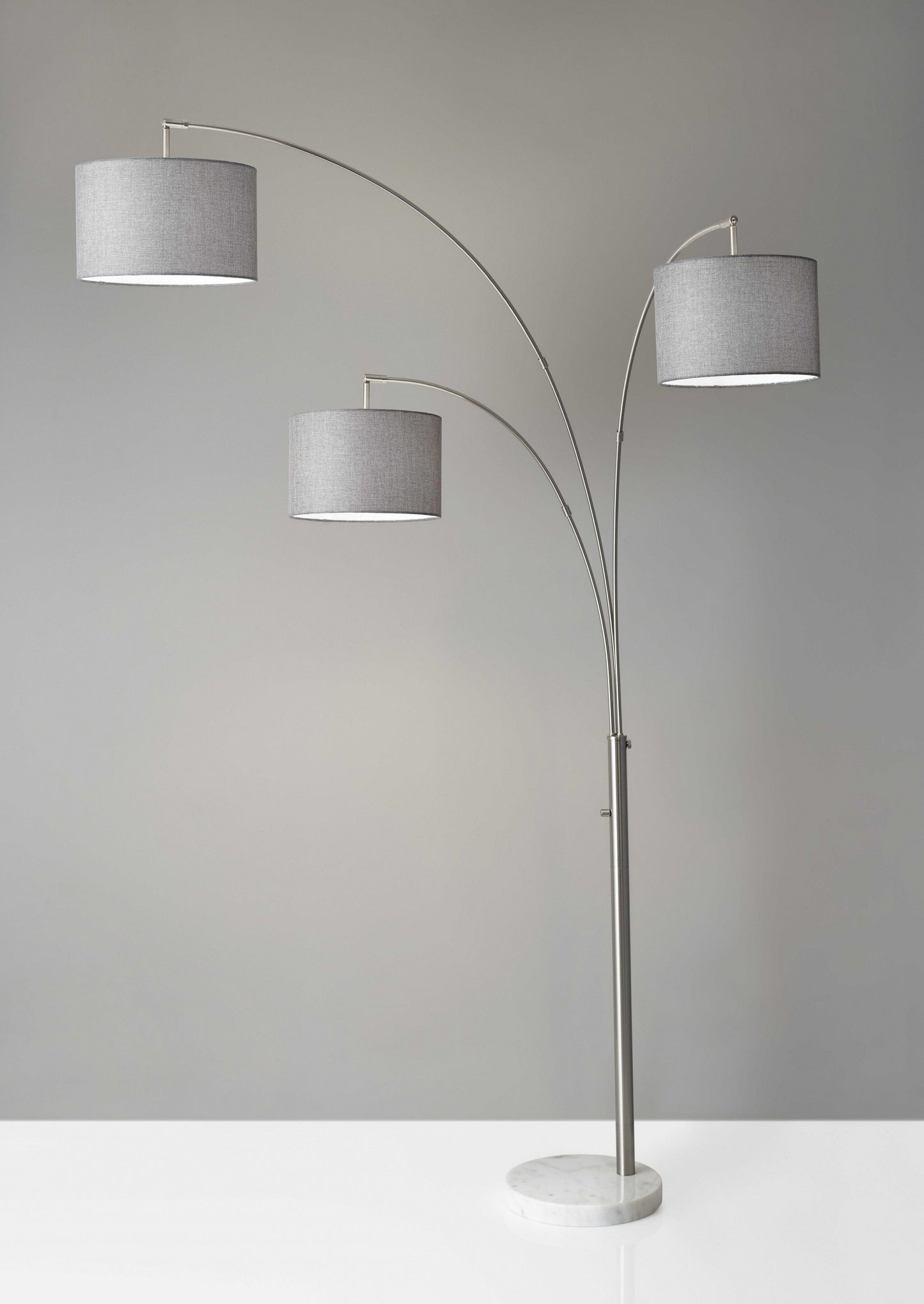 Three Light Floor Lamp Brushed Steel Metal Arc Arms