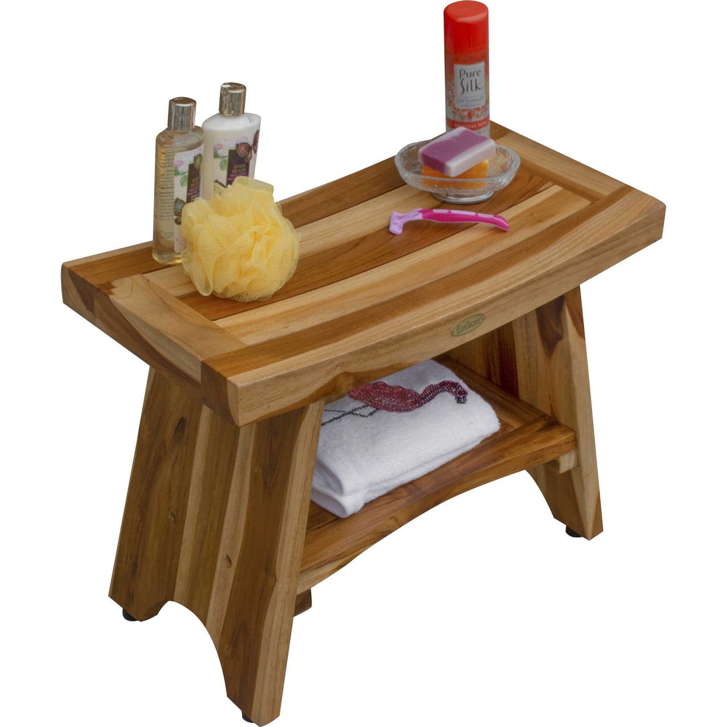 Contemporary Teak Shower Bench with Shelf in Natural Finish homeroots outdoors
