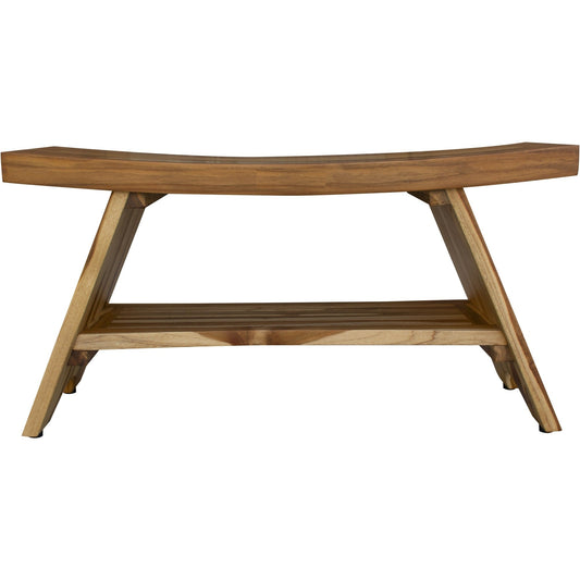 Compact Curvilinear Teak Shower Outdoor Bench with Shelf in Natural Finish homeroots outdoors