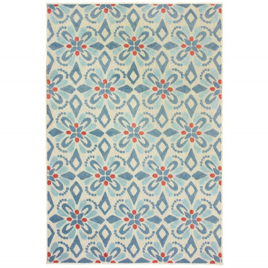 6' x 9' Ivory Blue Global Geo Tile Indoor Outdoor Area Rug homeroots outdoors