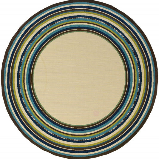 7' Round Ivory Mediterranean Blue and Lime Border Indoor Outdoor Area Rug homeroots outdoors