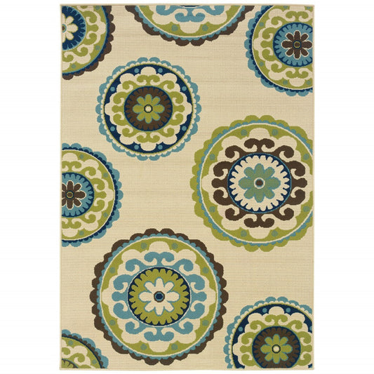 6' x 9' Ivory Indigo and Lime Medallion Disc Indoor Outdoor Area Rug homeroots outdoors