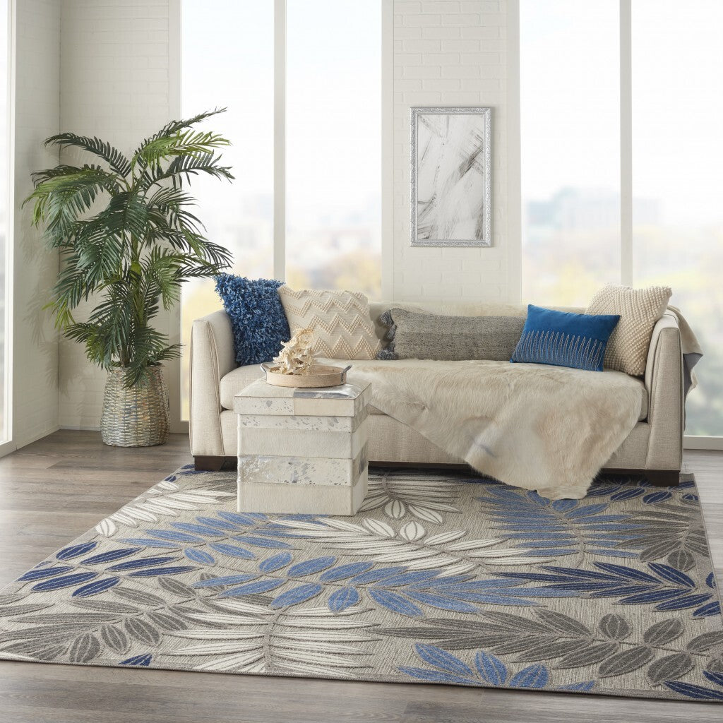 6' x 9' Gray and Blue Leaves Indoor Outdoor Area Rug homeroots outdoor