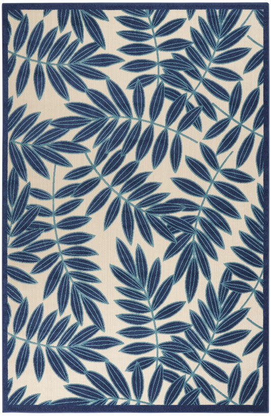 7' x 10' Navy and Beige Leaves Indoor Outdoor Area Rug homeroots outdoor