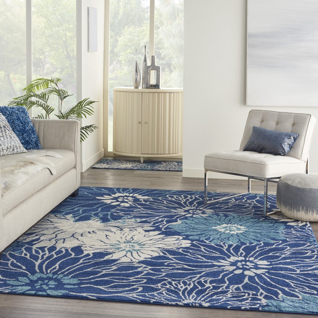 8' X 10' Blue And Ivory Floral Power Loom Area Rug