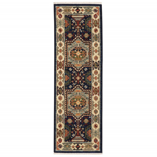 12' Blue Ivory Machine Woven Medallion Indoor Runner Rug