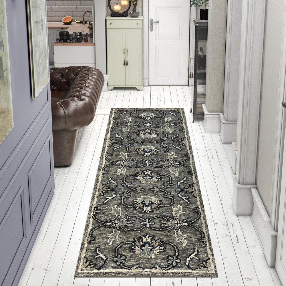 2' x 7' Gray Floral FIligree Runner Rug