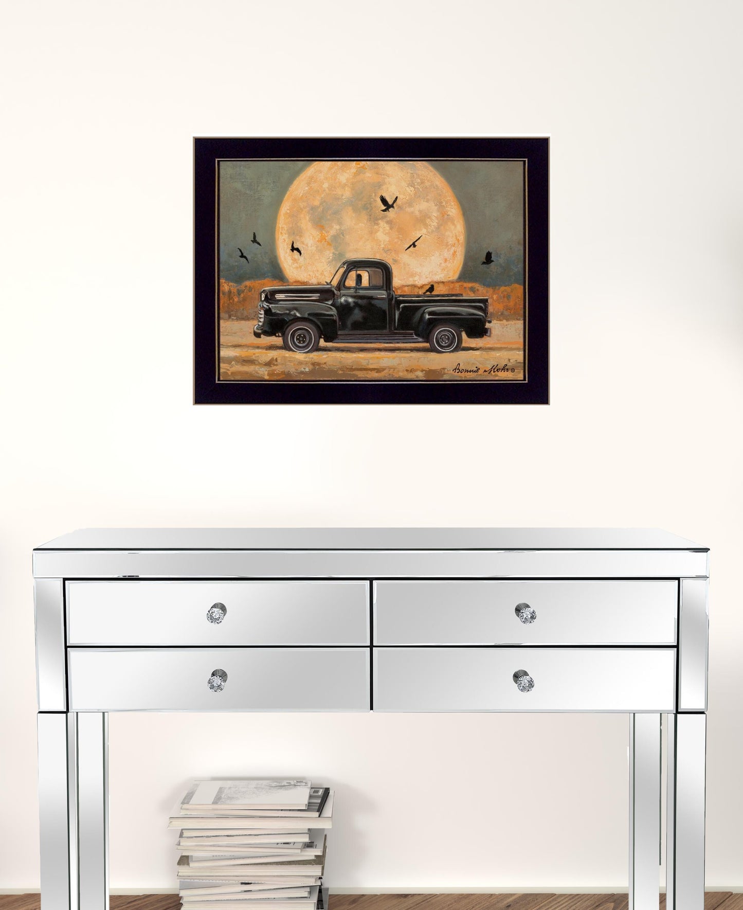 Set Of Two Harvest Moon with A Black Cat and Truck 3 Black Framed Print Kitchen Wall Art