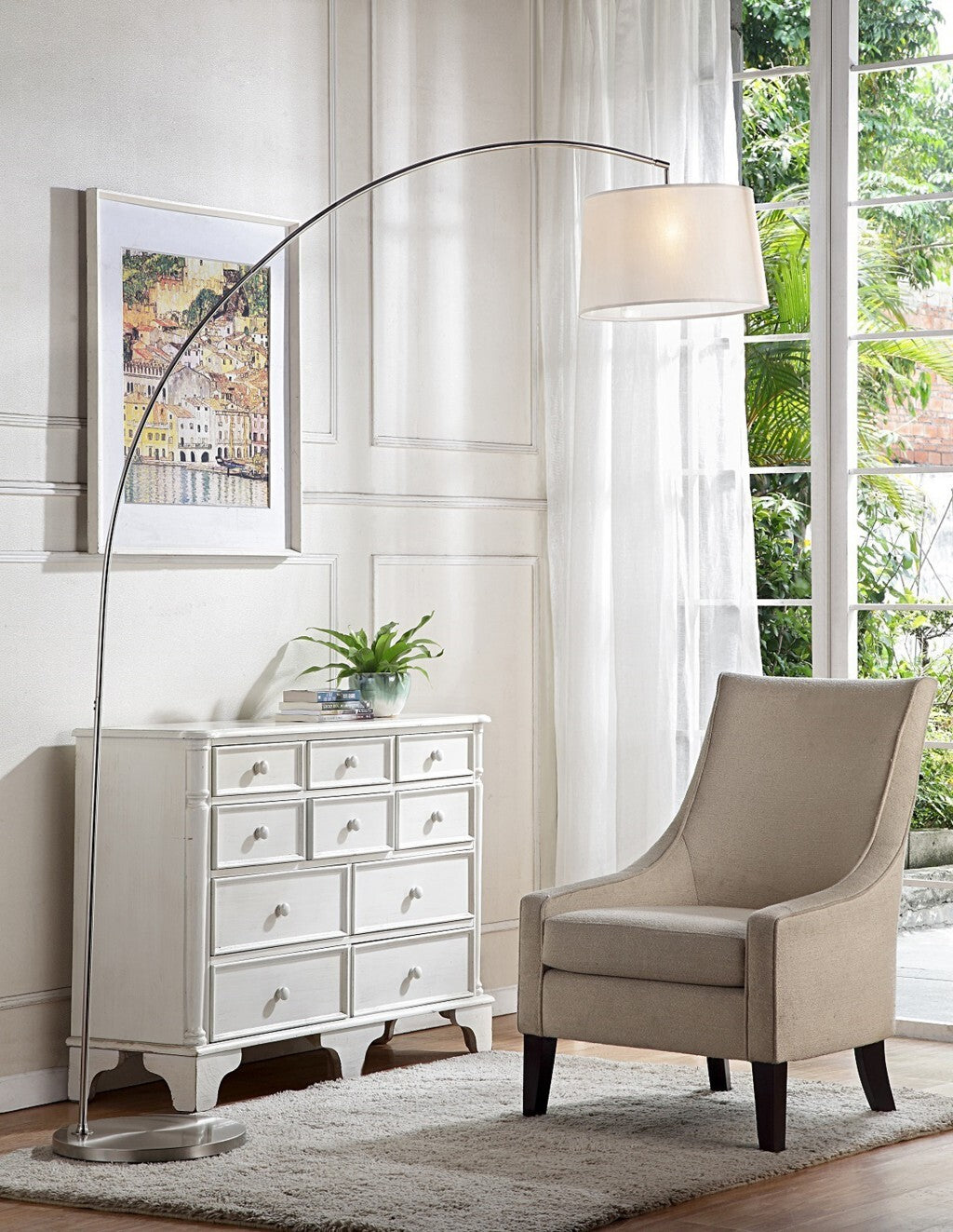Silver Metal Arch Floor Lamp with White Fabric Shade