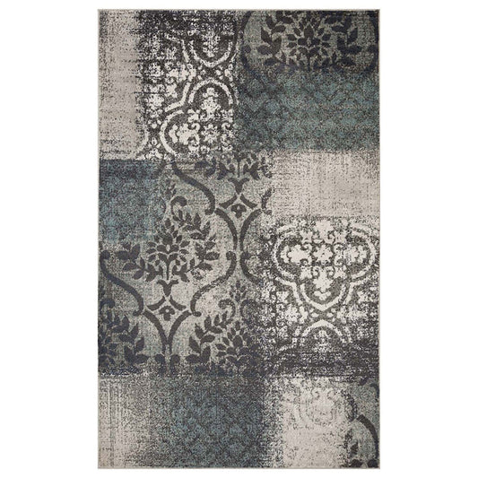 7' X 9' Teal And Gray Damask Distressed Stain Resistant Area Rug W2B