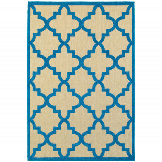 7' x 10' Blue and Beige Geometric Stain Resistant Indoor Outdoor Area Rug