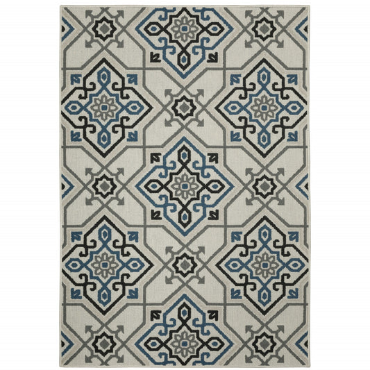 8' x 10' Blue and Beige Oriental Stain Resistant Indoor Outdoor Area Rug