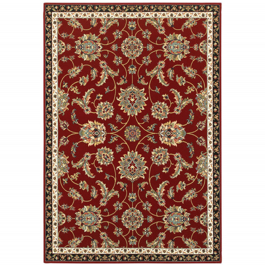6' X 9' Red Black Blue Ivory Green And Salmon Oriental Power Loom Stain Resistant Area Rug