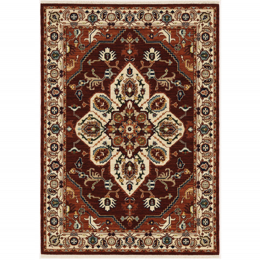 3' X 5' Red Ivory Orange And Blue Oriental Power Loom Stain Resistant Area Rug With Fringe