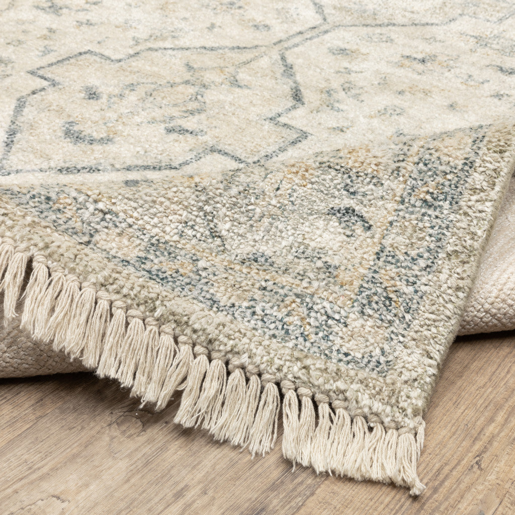 8' Beige and Black Oriental Hand Loomed Runner Rug With Fringe