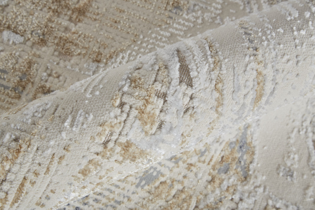 12' Tan Ivory And Gray Abstract Power Loom Distressed Runner Rug
