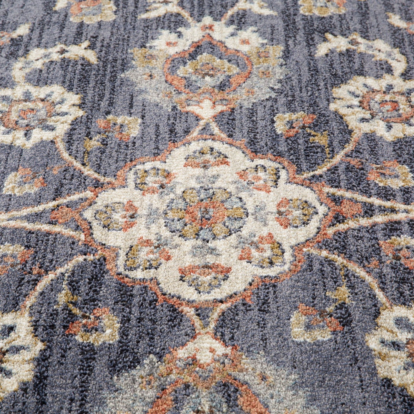 10' Ivory Navy and Orange Floral Power Loom Runner Rug