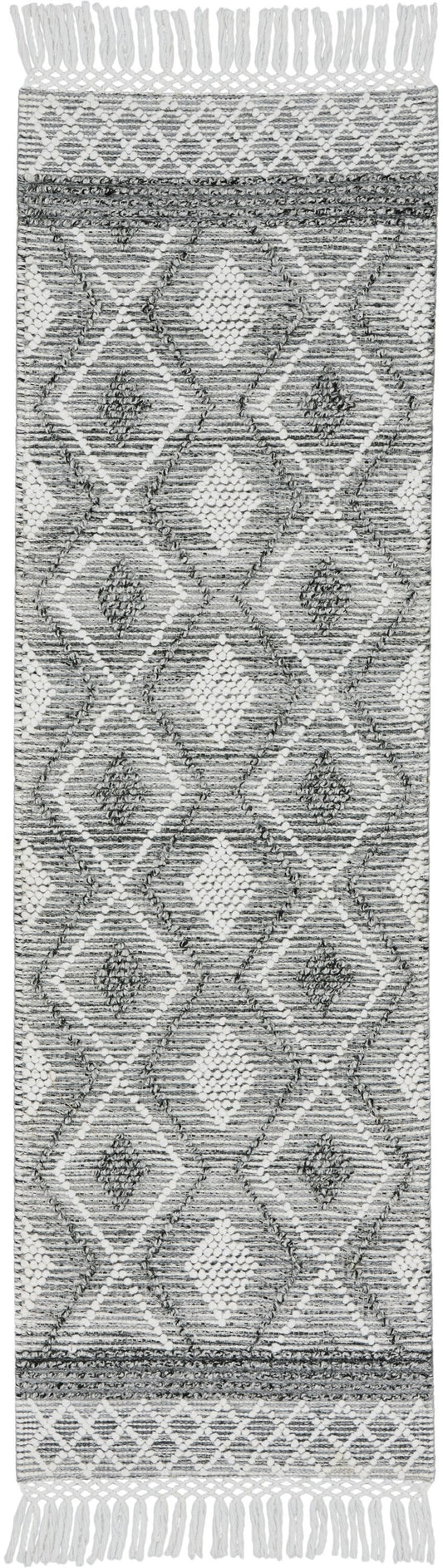 8' Gray and Ivory Geometric Hand Woven Runner Rug With Fringe W2B