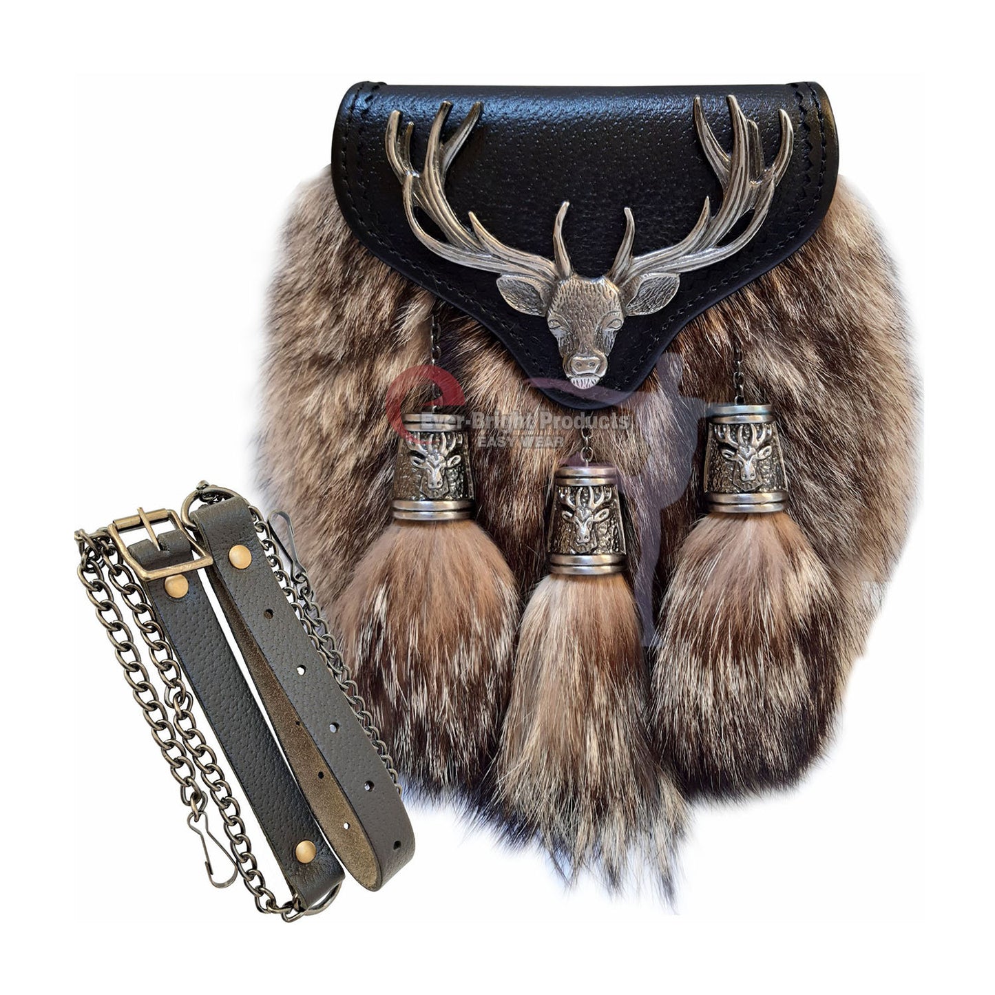 Scottish Kilt Semi Dress Sporran Semi Stag Sporran Antique Unique Stag.450 (Enamel Stag Fox Fur)