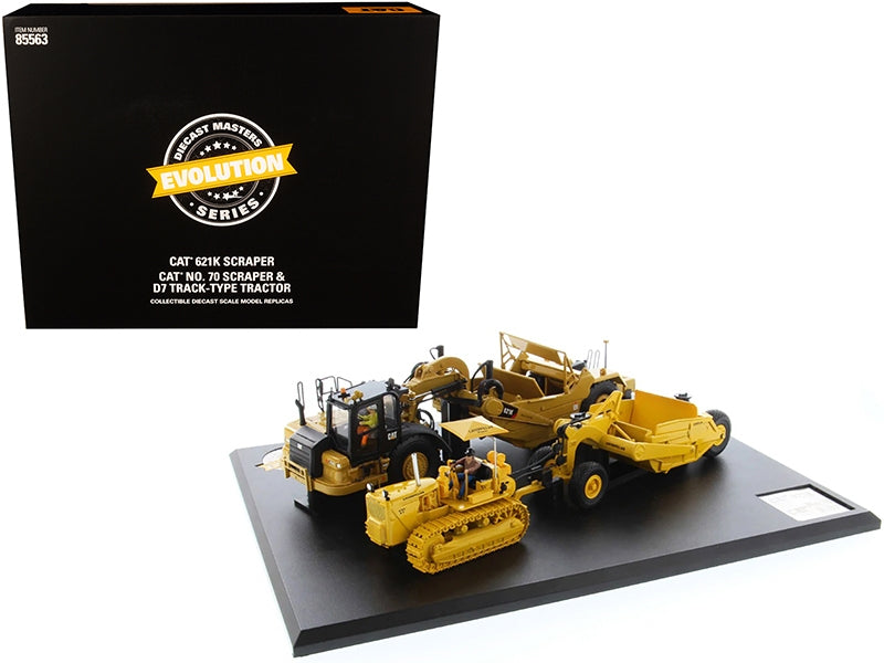 CAT Caterpillar 621K Scraper and Caterpillar No. 70 Scaper with D7 Track-Type Tractor Yellow "Evolution Series" 1/50 Diecast Model by Diecast Masters Diecast Masters