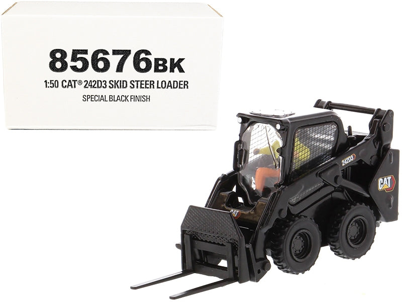 CAT Caterpillar 242D3 Skid Steer Loader with Work Tools Special Black Paint and Operator "High Line Series" 1/50 Diecast Model by Diecast Masters Diecast Masters