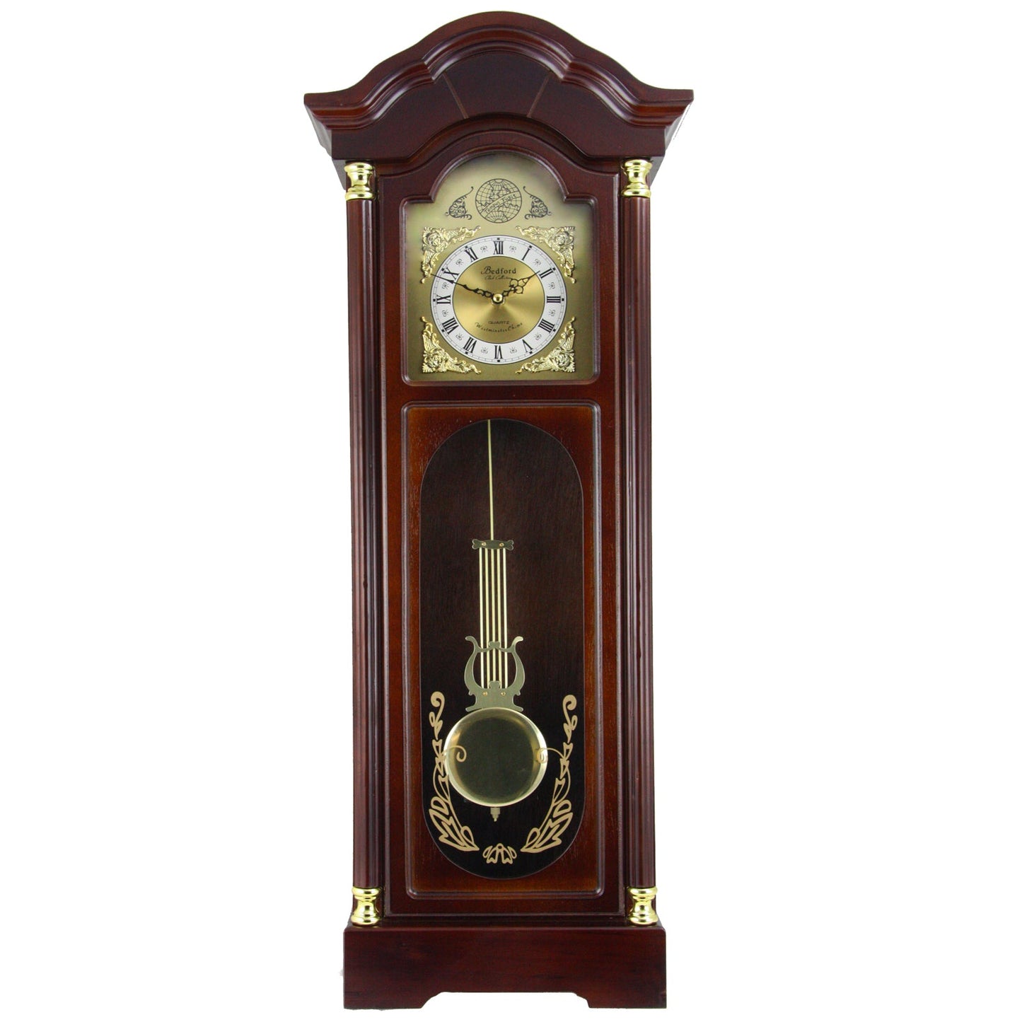 Bedford Clock Collection 33 Inch Chiming Pendulum Wall Clock in Antique Cherry Oak Finish Bedford Clock Collection